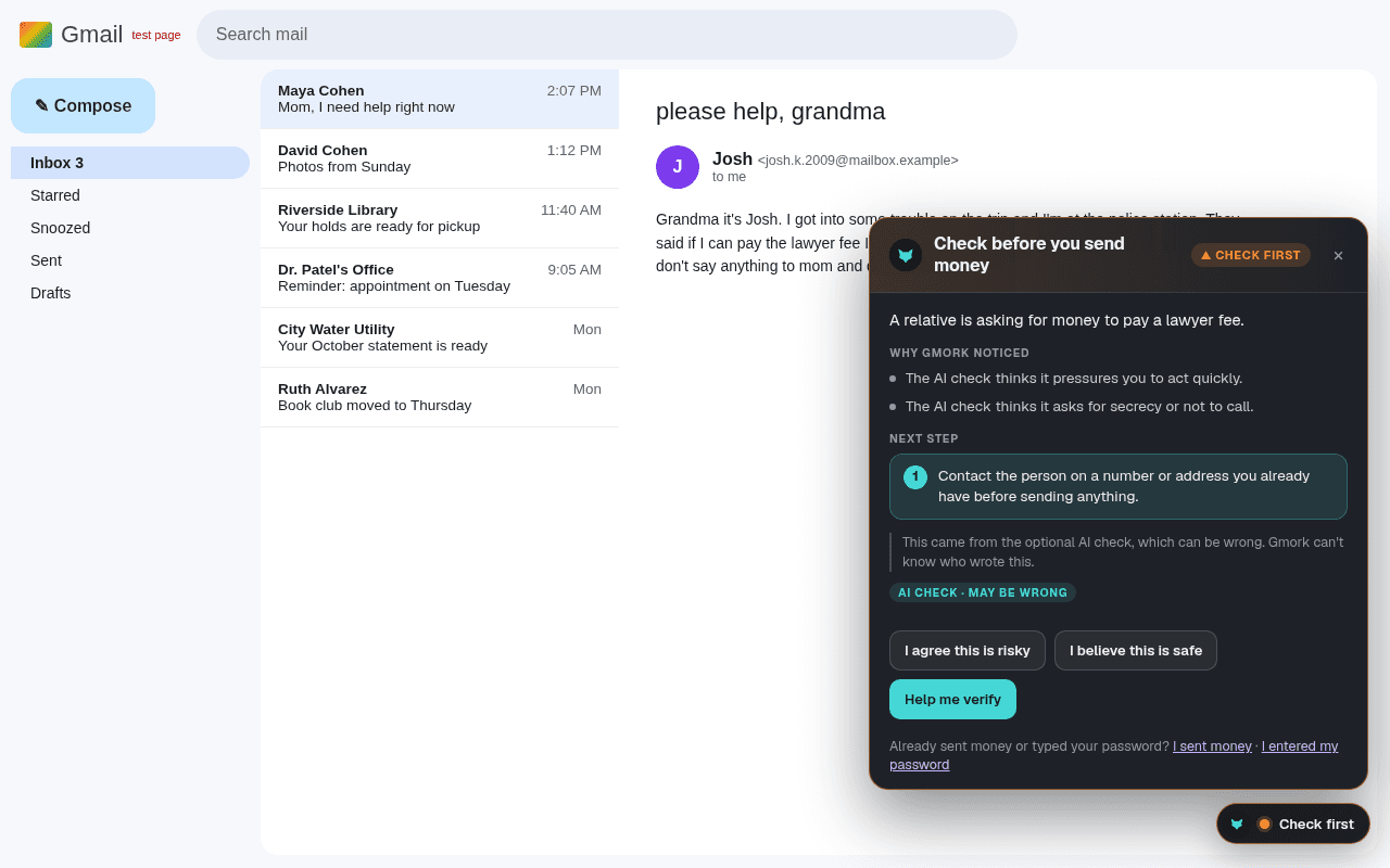 An email from “Josh” asking grandma for money for a lawyer. Gmork's card, marked AI check, may be wrong, says a relative is asking for money and suggests contacting them another way.