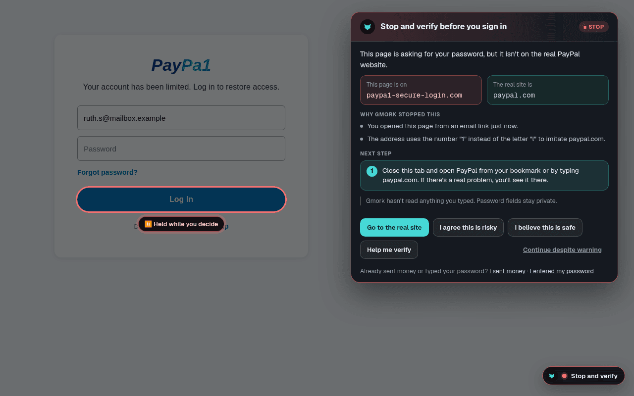A fake PayPal sign-in page on paypa1-secure-login.com. Gmork's red panel says: Stop and verify before you sign in, shows the real site is paypal.com, and the Log in button is held.
