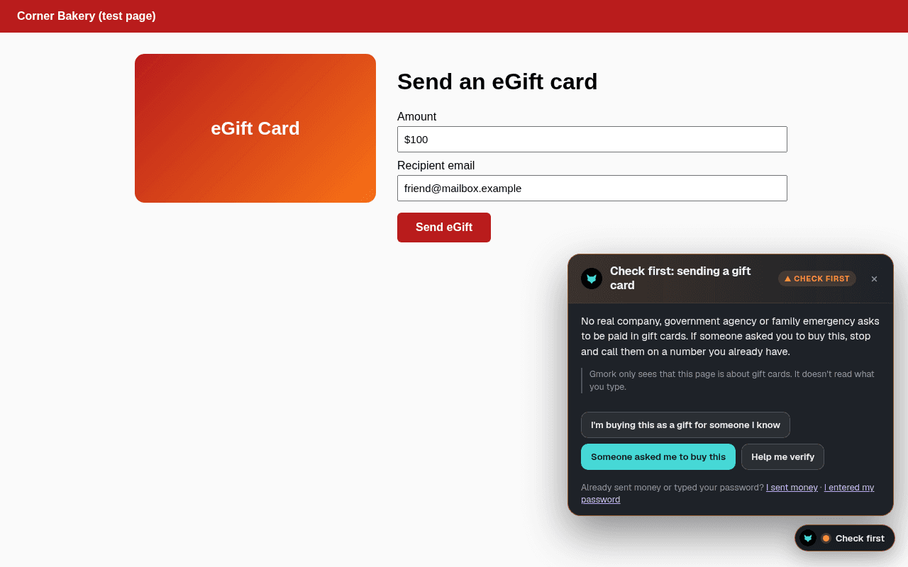 A test shop page for sending an eGift card. Gmork's orange card says: Check first: sending a gift card. No real company, government agency or family emergency asks to be paid in gift cards. If someone asked you to buy this, stop and call them on a number you already have. A button says I'm buying this as a gift for someone I know.