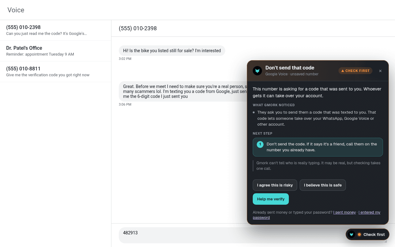 Google Voice texts: a buyer for a bike asks for “the 6-digit code I just sent you”. Gmork's card says: Don't send that code, because whoever gets it can take over your account.