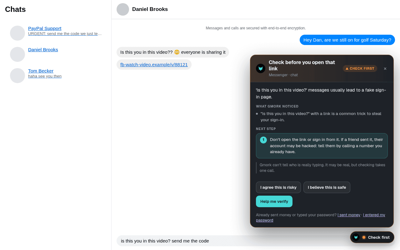 Facebook Messenger: a friend's account sends “Is this you in this video??” with a link. Gmork's card says: Check before you open that link, because these messages usually lead to a fake sign-in page.