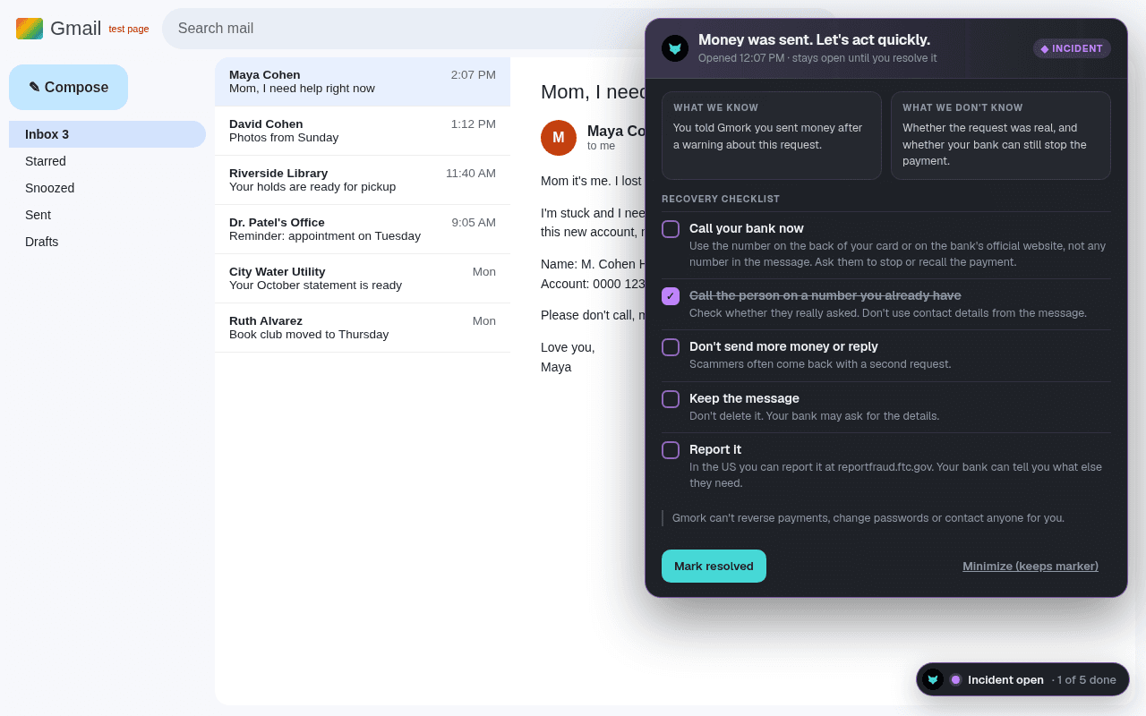 Gmork's purple checklist after money was sent: call your bank now, call the person on a number you already have, don't send more, keep the message, report it.
