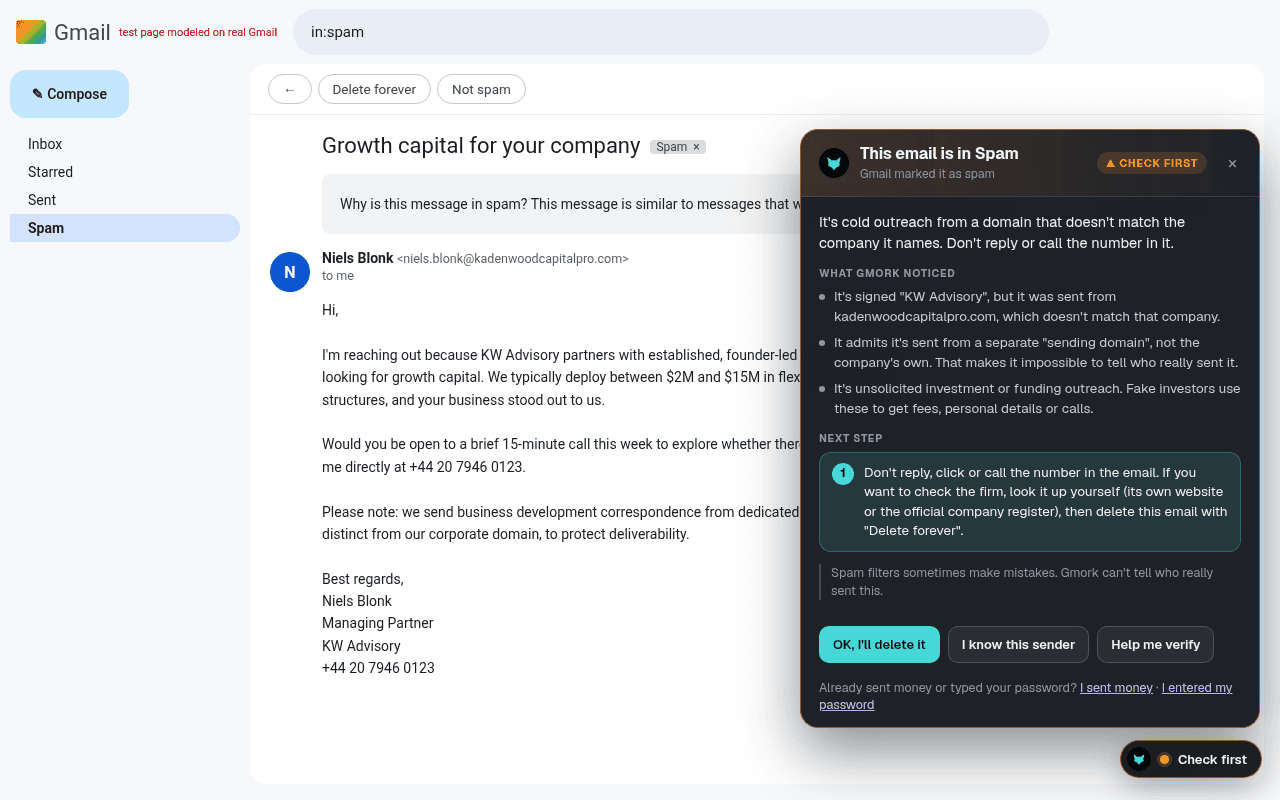 An investment pitch in Spam. Gmork lists what it noticed, like a company name that doesn't match the sender's address, and suggests not replying or calling the number in it.