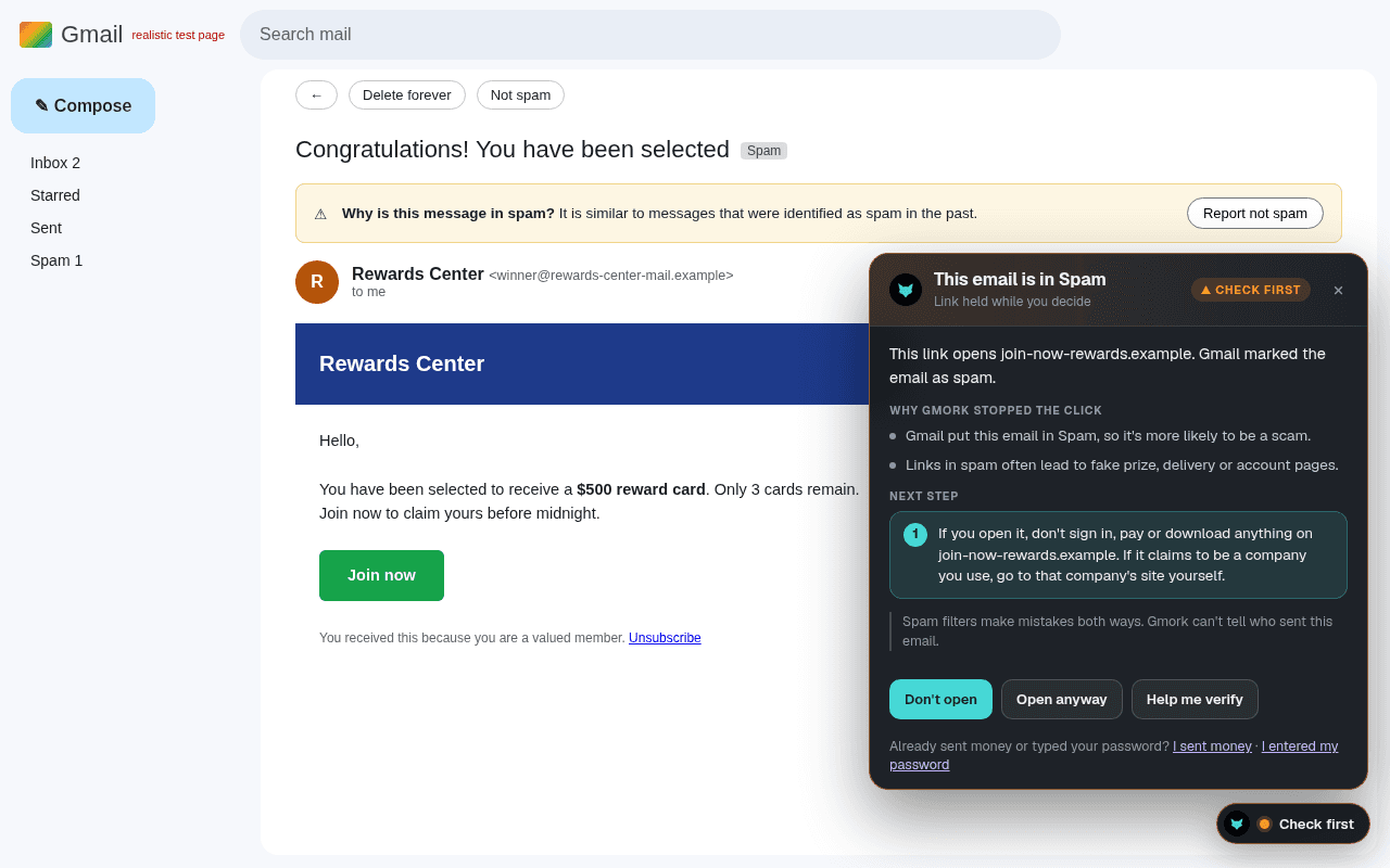 A prize email in the Spam folder. Gmork held the link and explains that links in spam often lead to fake prize or account pages, with Don't open and Open anyway buttons.