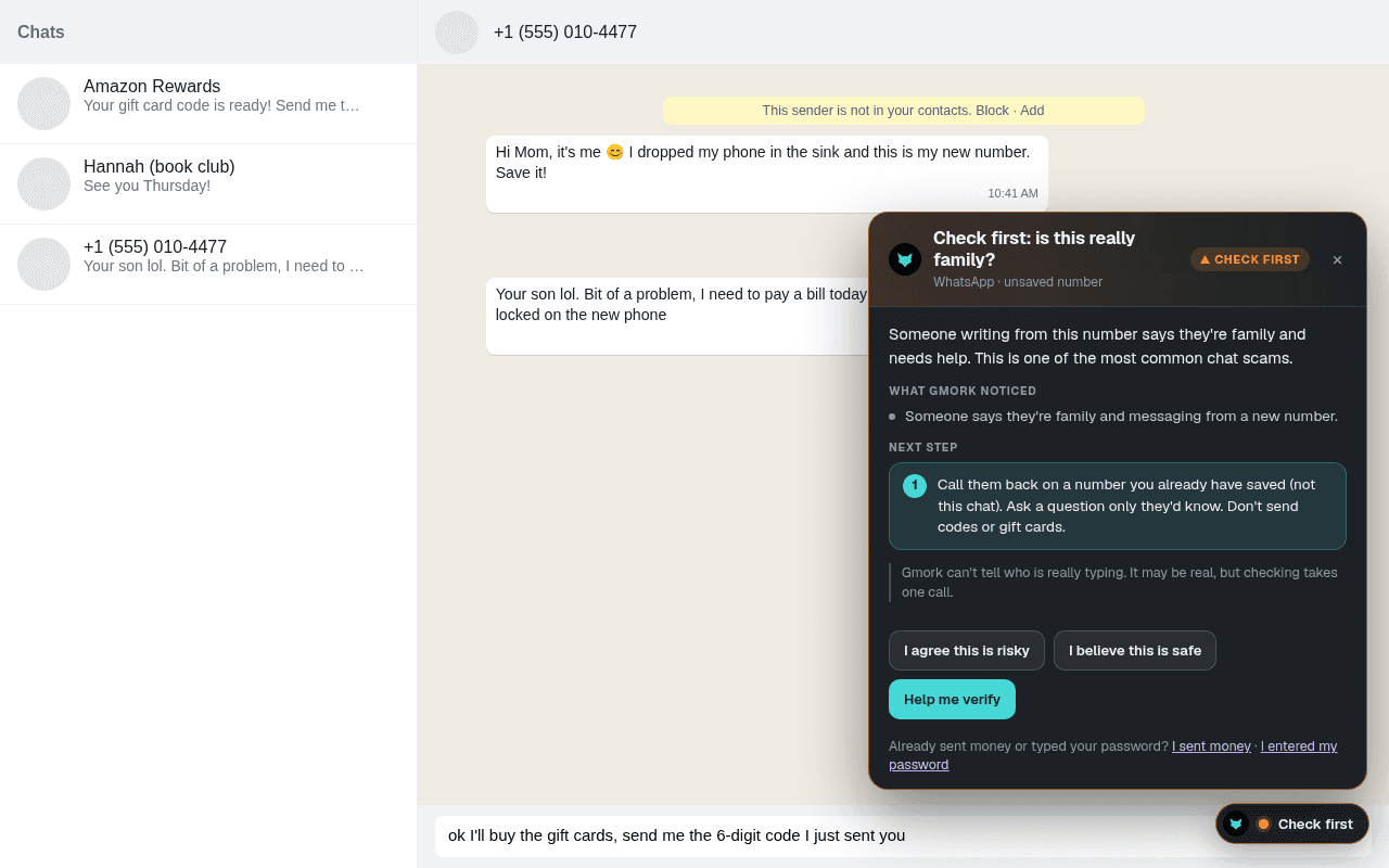 WhatsApp Web on a computer: an unsaved number writes “Hi Mom, it's me, I dropped my phone in the sink and this is my new number” and asks to pay a bill. Gmork's orange card says: Check first: is this really family? and suggests calling back on a number you already have saved.